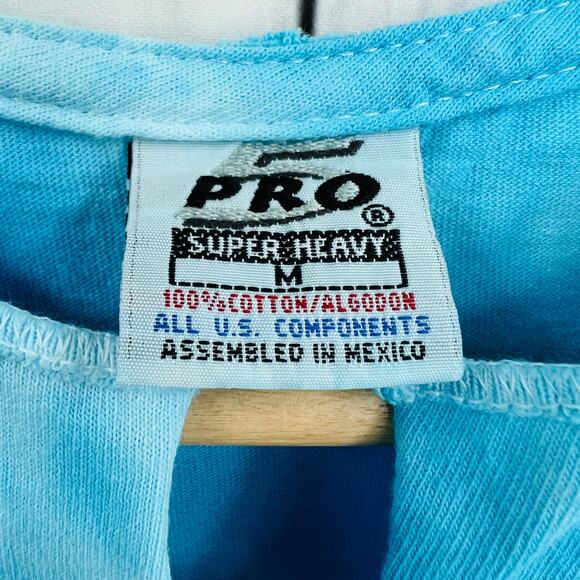 VINTAGE 90s Pro West SMALL Redondo Beach Pirate Skull Blue Tie Dye Crop Top - Picture 7 of 8